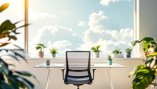 Na imagem há uma cadeira de escritório com tela mesh em frente a uma mesa de escritório branca, atrás da mesa há uma janela bem grande e lá fora da para ver as nuvens iluminadas pelo sol. Há alguns vasos de planta espalhados pela imagem.