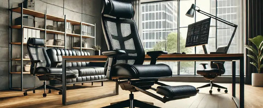 Cadeira ergonômica preta em escritório moderno, com apoio para pés estendido, destacando conforto e funcionalidade em ambiente iluminado por luz natural.