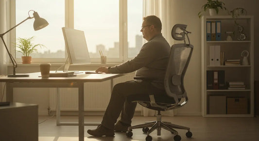 Imagem de homem sentado em sua cadeira ergonômica enquanto mexe em seu computador, o ambiente é claro e há uma janela ao fundo, na parede há uma estante com objetos.