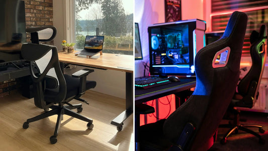 Duas imagens lado a lado. A primeira é de um escritório com cadeira ergonômica, já a outra de um setup com cadeira gamer.