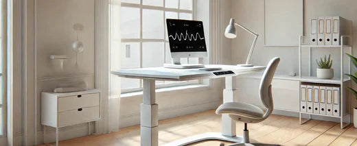 Um ambiente de home office minimalista com uma mesa branca curva ajustável em altura. A mesa possui um painel digital para regulagem e está completamente limpa, sem objetos.