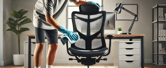 Pessoa limpando uma cadeira ergonômica preta em um escritório minimalista com mesa de madeira, luminária e planta, destacando ambiente organizado e limpo.