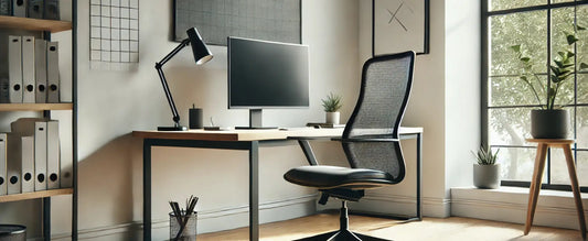 Home office minimalista com cadeira ergonômica de mesh preta, mesa de madeira com monitor, luminária, plantas decorativas e janela ampla com luz natural.