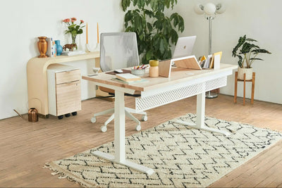 Imagem de escritório organizado com mesa de madeira clara, cadeira ergonômica e plantas decorativas.