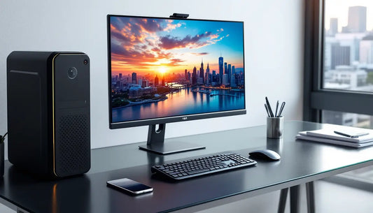 Mesa de escritório com um monitor, um computador, mouse e teclado, além do celular, das agendas e o porta objetos. No canto da imagem há uma janela.