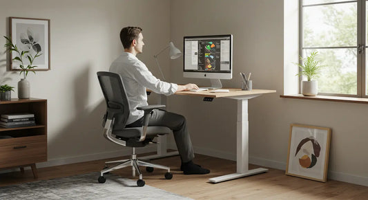 Homem trabalhando em uma mesa com regulagem de altura elétrica, em home office com cadeira ergonômica e luz natural.