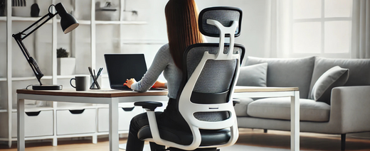 Vista traseira de uma mulher sentada em uma cadeira ergonômica moderna, com design preto e branco, trabalhando em um ambiente de home office. A cadeira, com encosto ajustável e apoio para a cabeça, destaca suas características de conforto e suporte.