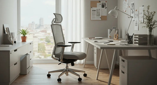 Cadeira ergonômica com tela mesh e ajustes em um escritório. No ambiente há uma mesa de escritório e gavetas. Ao fundo há uma grande janela que permite a entrada de luz natural.