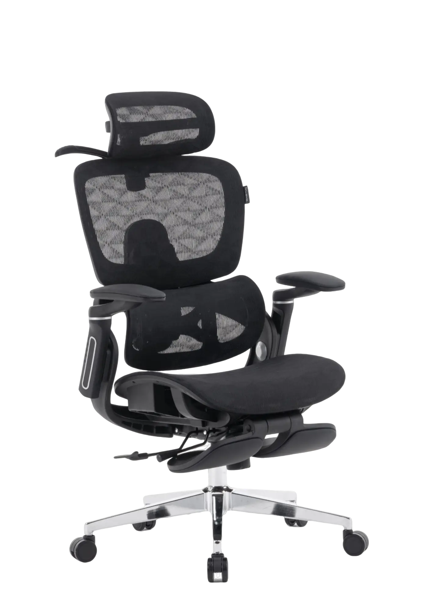 Imagem da cadeira presidente ergonômica perfs e5, modelo está na cor preta e possui variedade de ajustes.