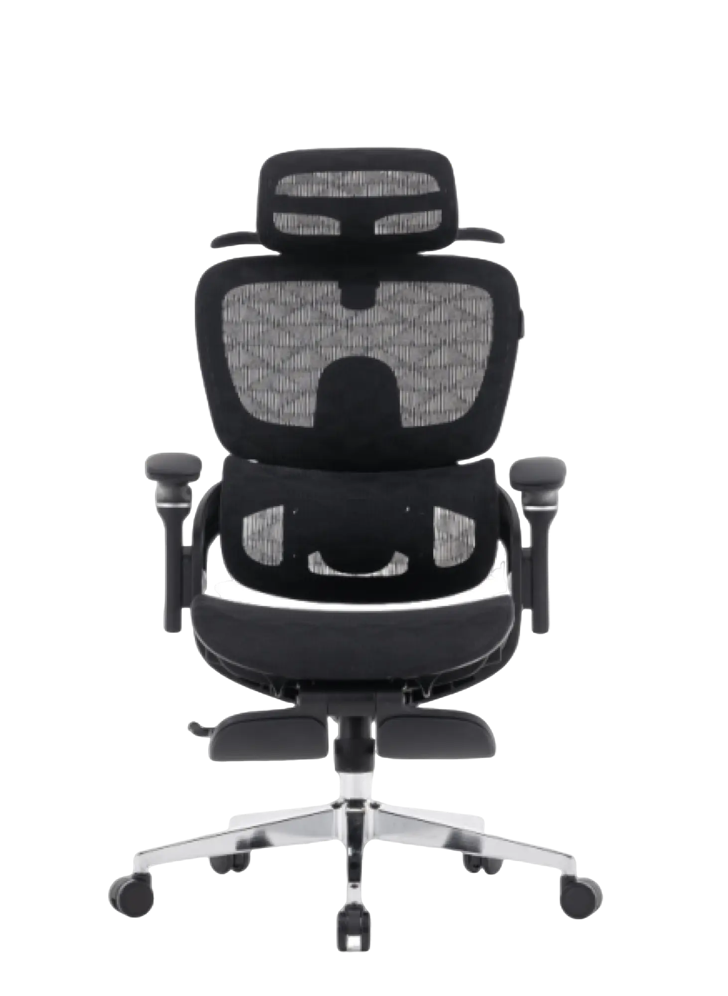 Cadeira presidente ergonômica perfs e5 preta vista de frente. Modelo é revestido por tela mesh e possui ajustes nos braços, altura do assento, encosto, lombar, cabeça e inclinação, além de apoio para os pés.