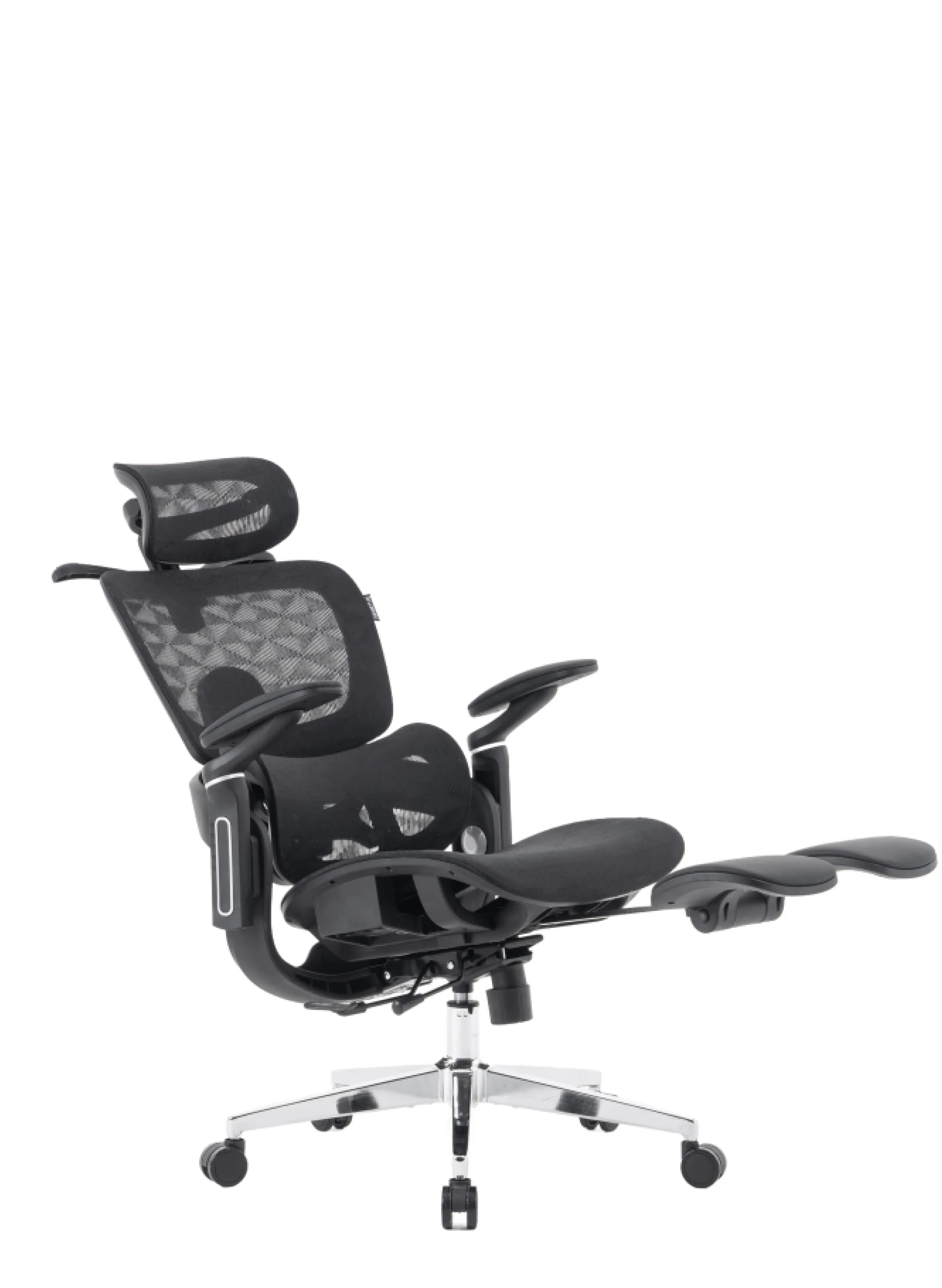 Imagem da cadeira presidente ergonômica perfs e5 preta reclinada com o apoio para os pés esticado.