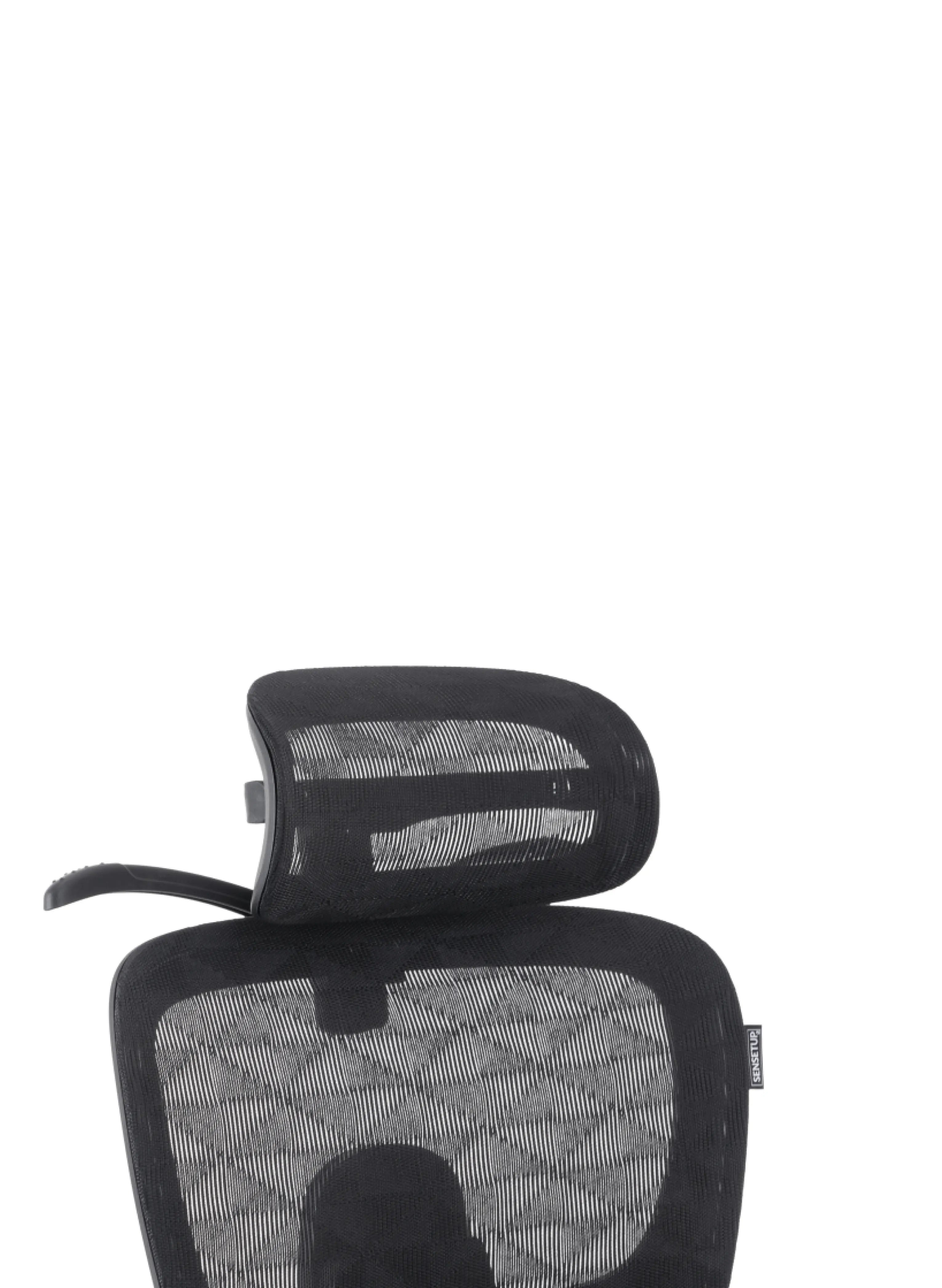 Imagem do encosto e do apoio para cabeça da cadeira presidente ergonômica perfs e5, o modelo é revestido por tela mesh e possui ajustes em ambas as partes.