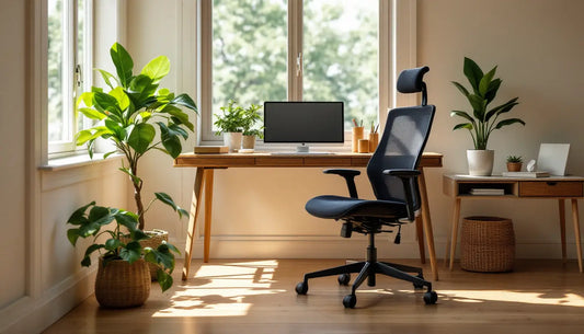 Cadeira de escritório ergonômica na cor preta em um escritório minimalista. Os móveis são de madeira e tem duas janelas no ambiente, iluminando o espaço com luz natural, alguns vasos de planta também compõem a imagem.