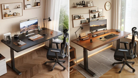 Duas imagens, uma ao lado da outra, de escritórios. Ambas com mesa com regulagem de altura e cadeiras ergonômicas.
