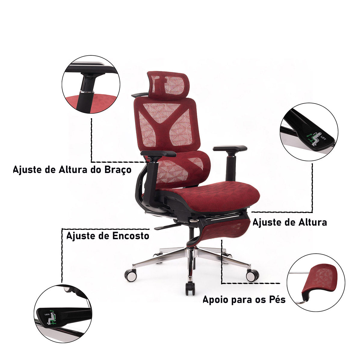 A cadeira ergonômica vermelha tem ajuste de altura, encosto e apoio para os pés