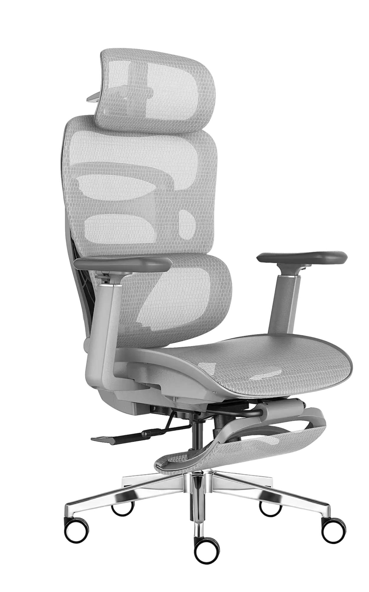 Imagem da cadeira ergonômica a08 premium da Sensetup. O produto da imagem possui cor branca. Modelo possui braços, apoio para os pés, cabeça e mais ajustes.