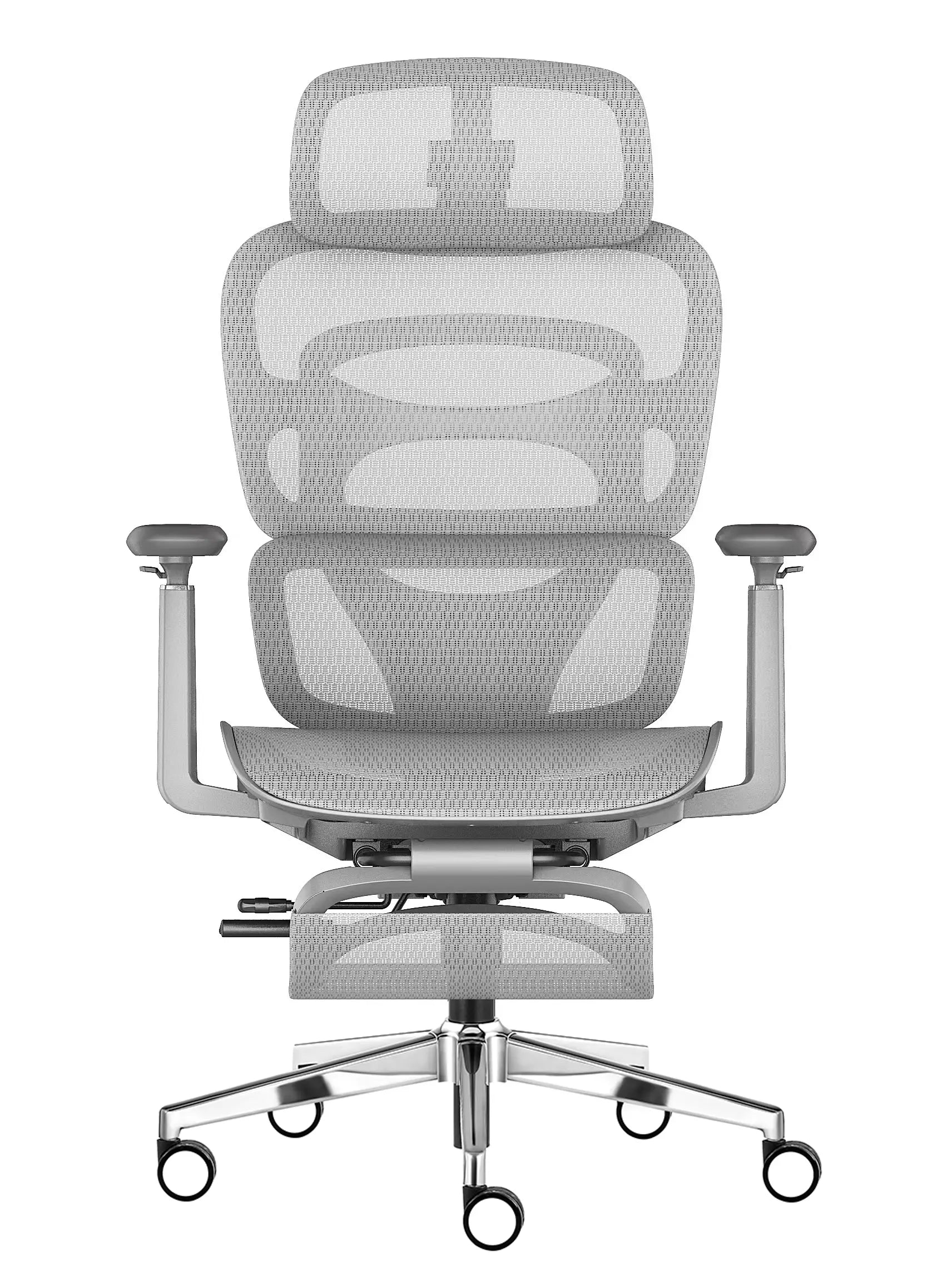 Imagem da parte de frente da cadeira ergonômica home office a08 premium, o modelo está na cor branca e possui variados ajustes, além da tela mesh que reveste todo o produto.