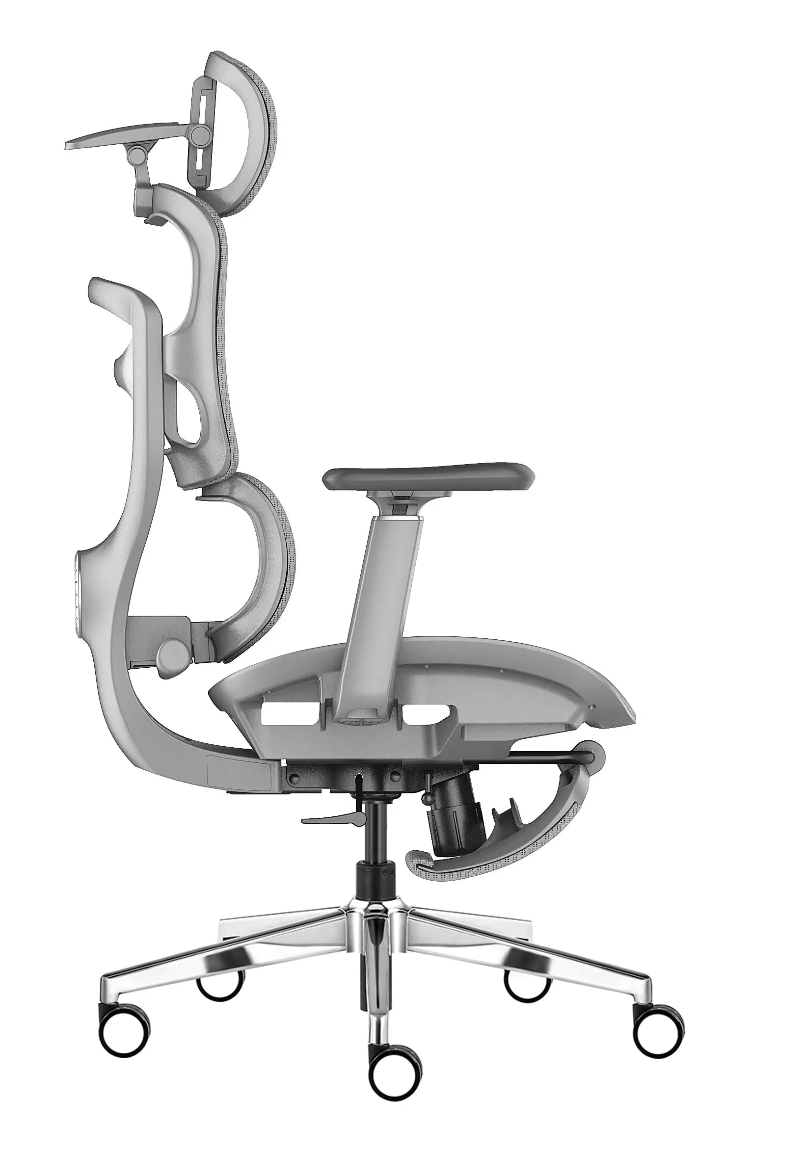 Imagem lateral da cadeira ergonômica home office a08 premium, na cor branca. É possível observar as diferentes possibilidades de ajustes, modelo possui 5 pés com rodinhas.