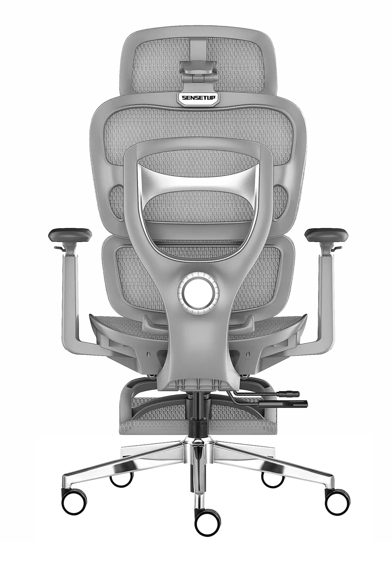 Parte de trás da cadeira ergonômica home office a08 premium. Modelo possui nome da marca no topo e ajustes de altura e profundidade.
