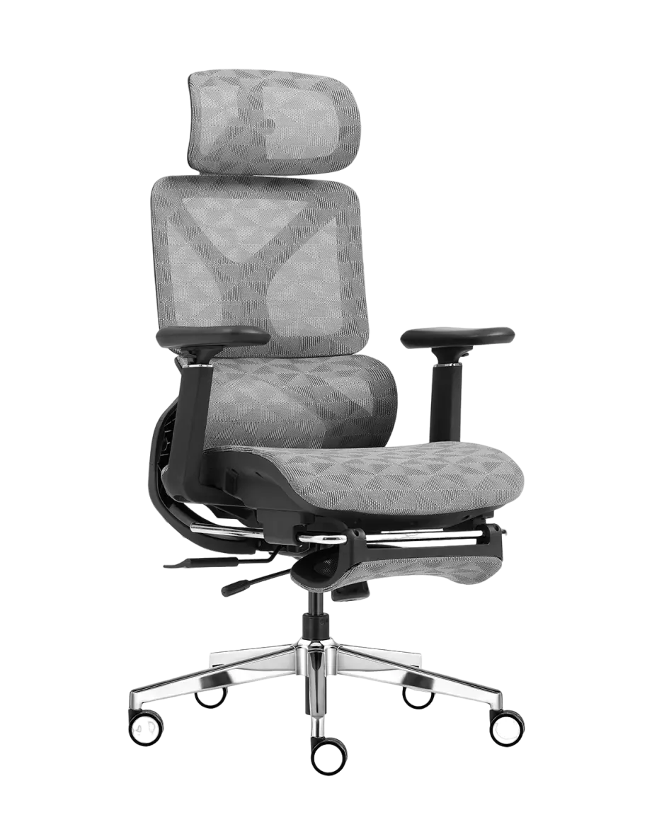 Imagem da cadeira ergonômica a161 da Sensetup. O produto da imagem possui cor cinza com armação preta. Modelo possui braços, apoio para os pés, cabeça e mais ajustes.