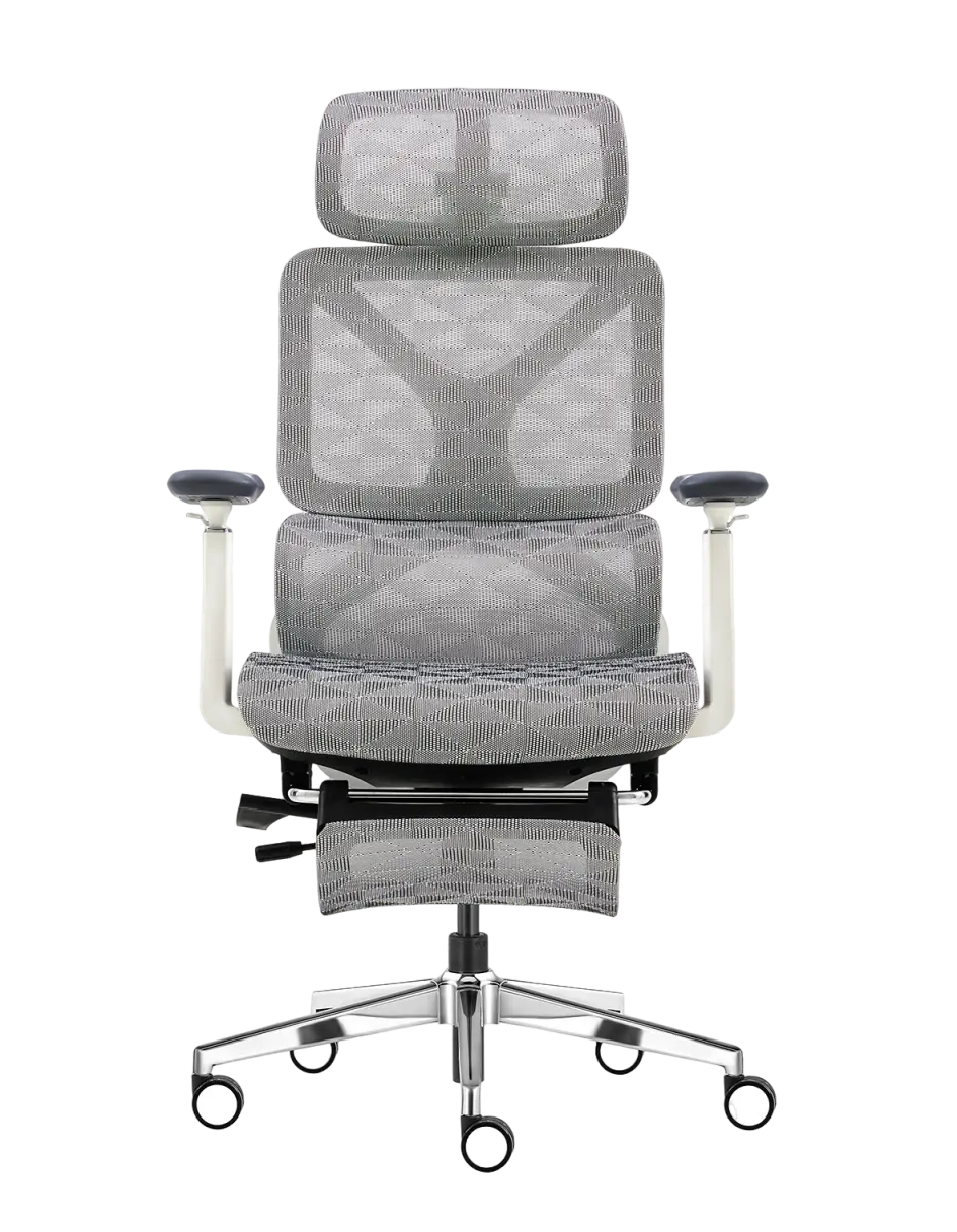 Imagem da parte de frente da cadeira ergonômica a161, o modelo está na cor branca e possui variados ajustes, além da tela mesh que reveste todo o produto e os 5 pés com rodízios.