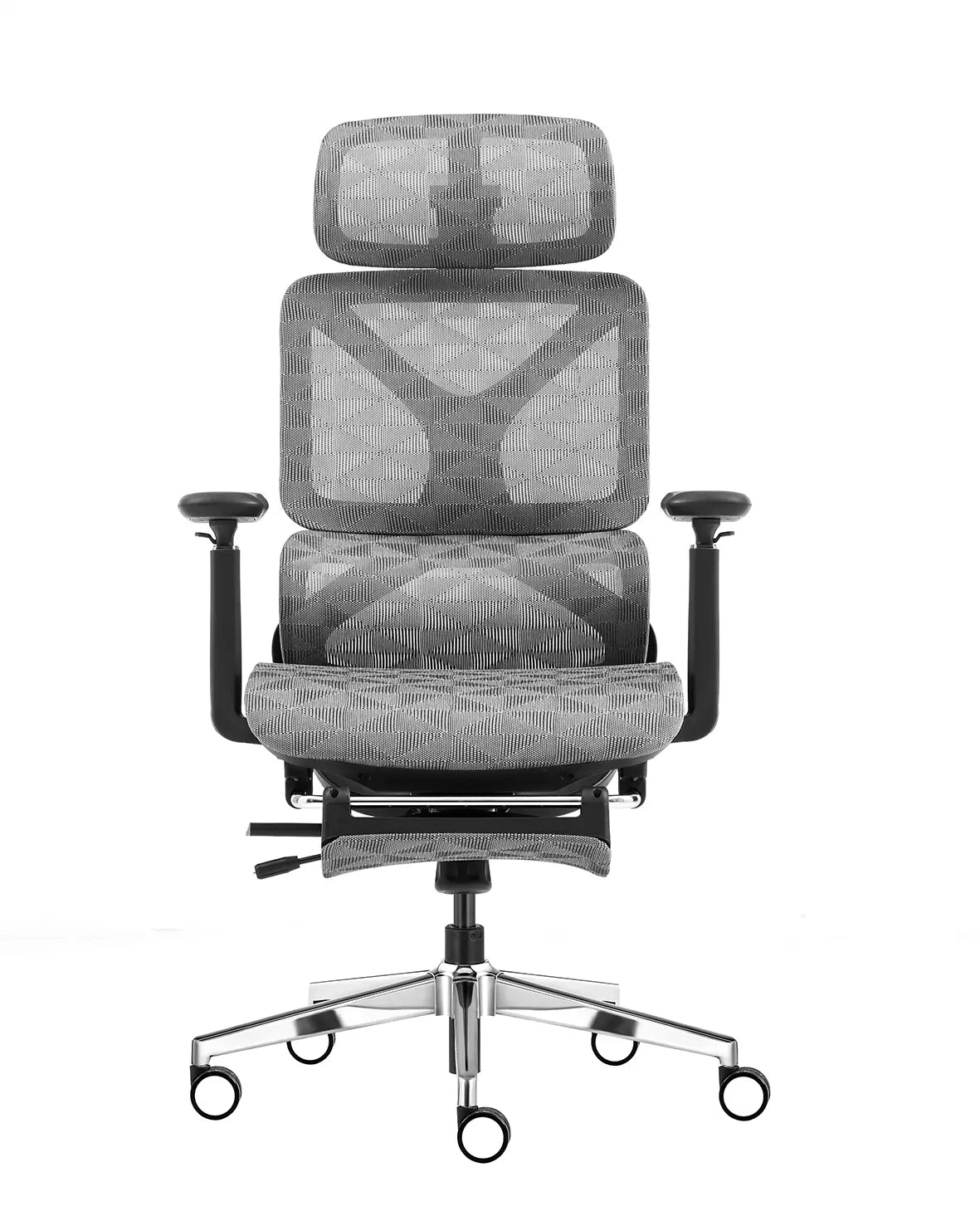 Imagem da parte de frente da cadeira ergonômica a161, o modelo está na cor cinza com armação preta e possui variados ajustes, além da tela mesh que reveste todo o produto e os 5 pés com rodízios.