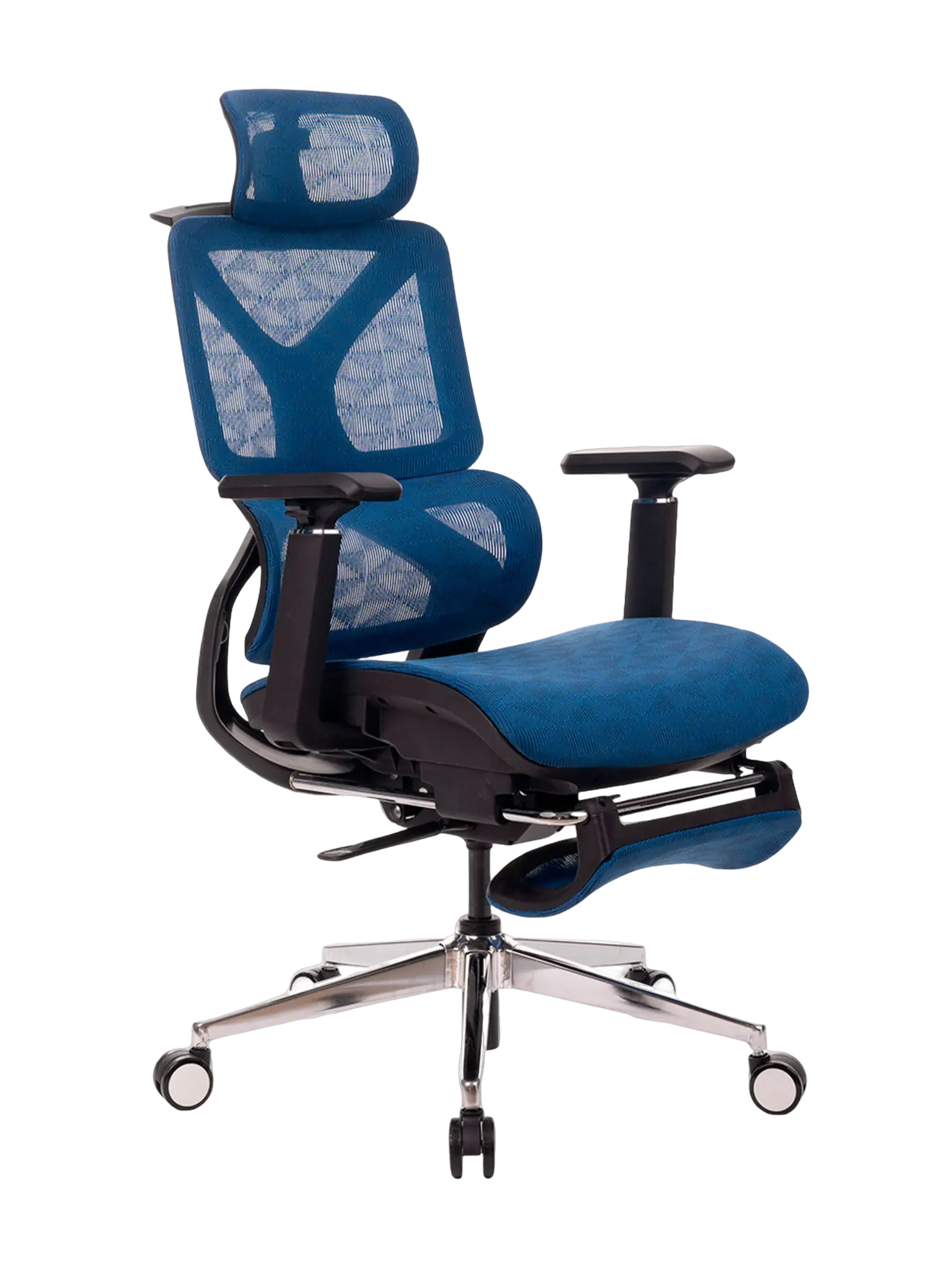 Imagem da cadeira ergonômica a161 da Sensetup. O produto da imagem possui cor azul. Modelo possui braços, apoio para os pés, cabeça e mais ajustes.