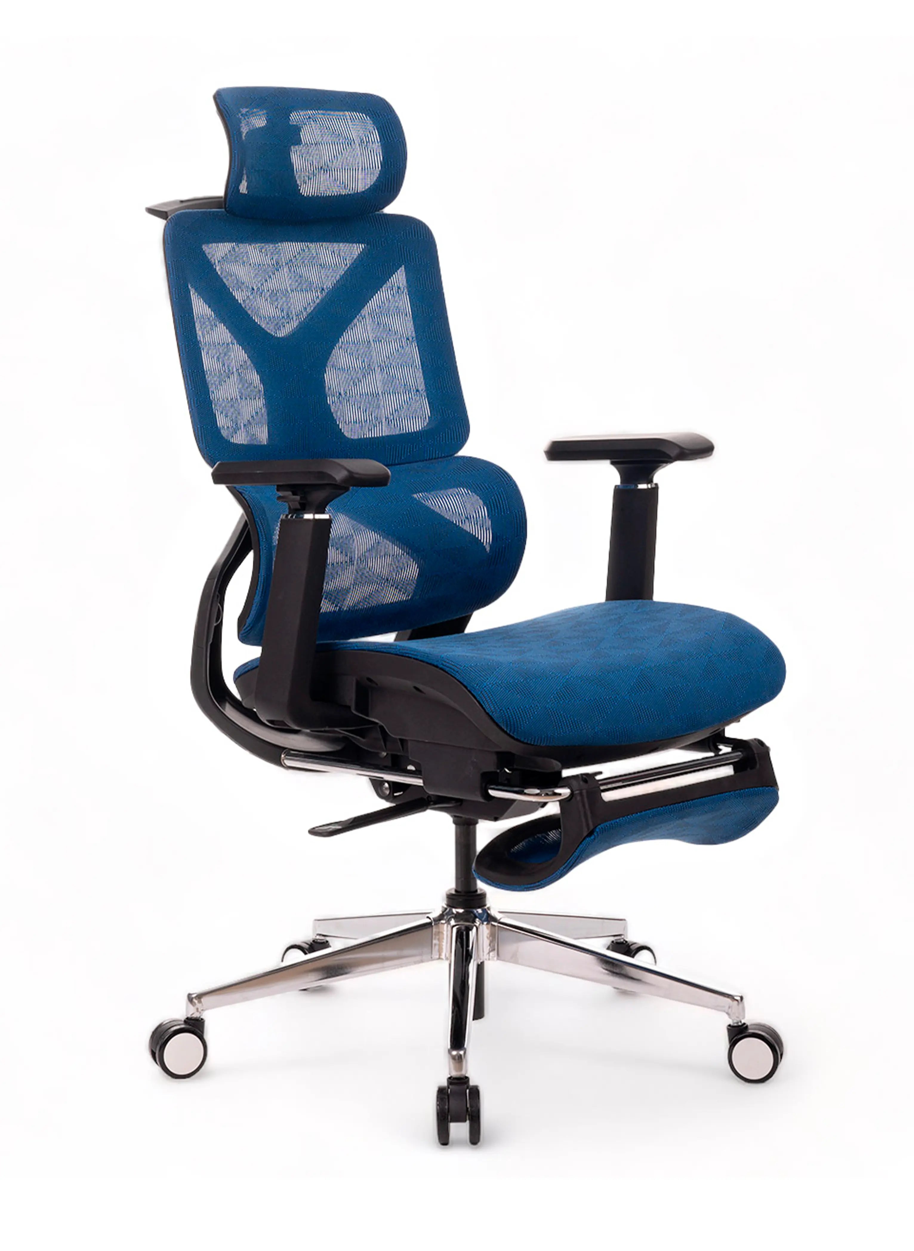 Imagem da cadeira ergonômica a161 da Sensetup. O produto da imagem possui cor azul. Modelo possui braços, apoio para os pés, cabeça e mais ajustes, além de 5 pés com rodízios silenciosos.