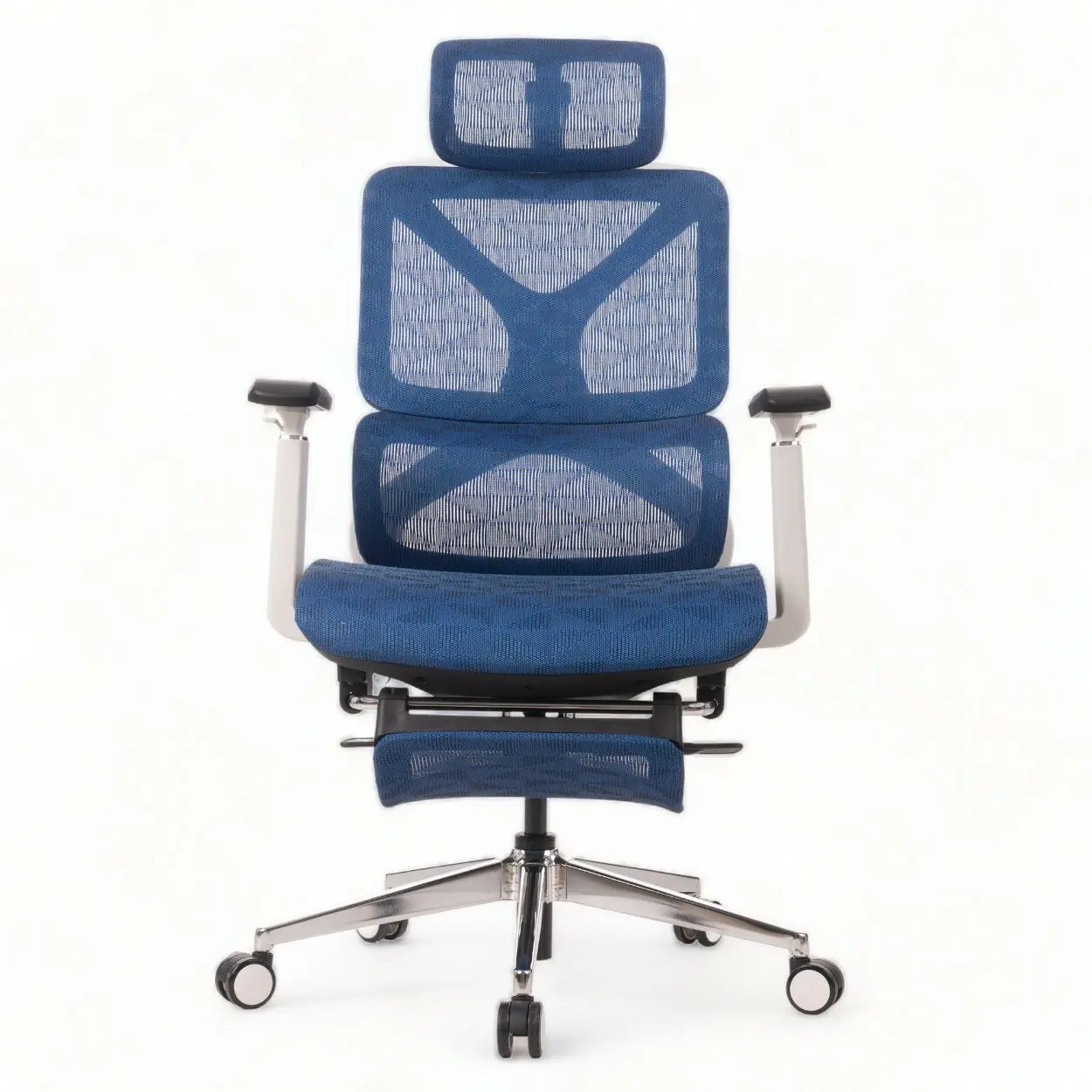 Imagem da parte de frente da cadeira ergonômica a161, o modelo está na cor azul e possui variados ajustes, além da tela mesh que reveste todo o produto e os 5 pés com rodízios.