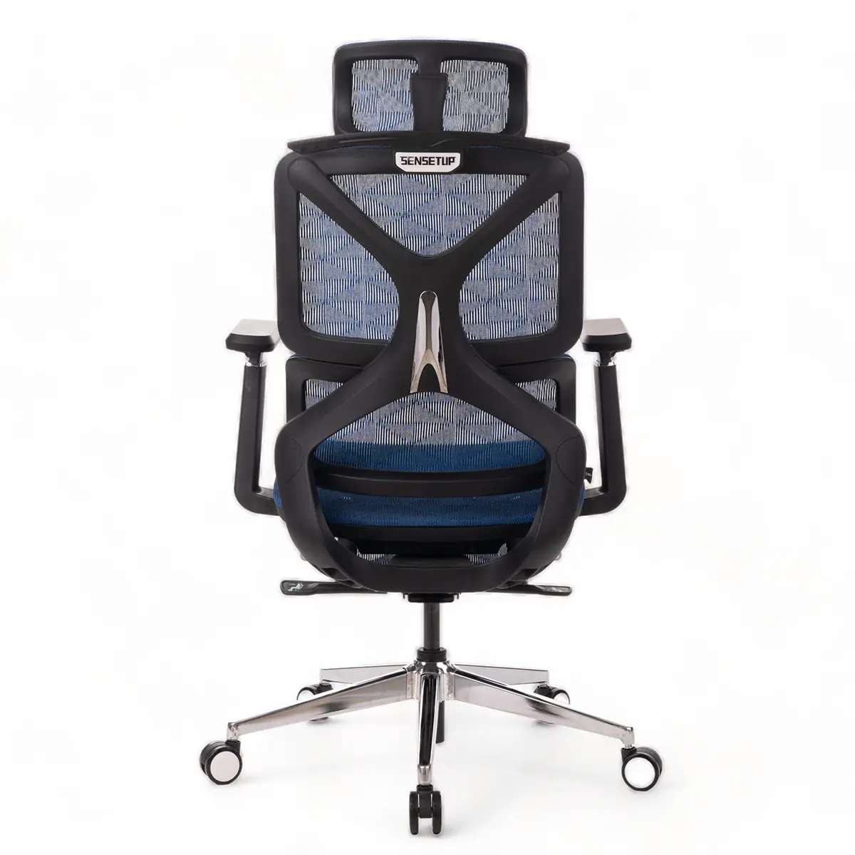 Parte de trás da cadeira ergonômica celentia a161. Modelo está na cor azul e possui nome da marca no topo, além de 5 pés e ajustes de altura e profundidade.