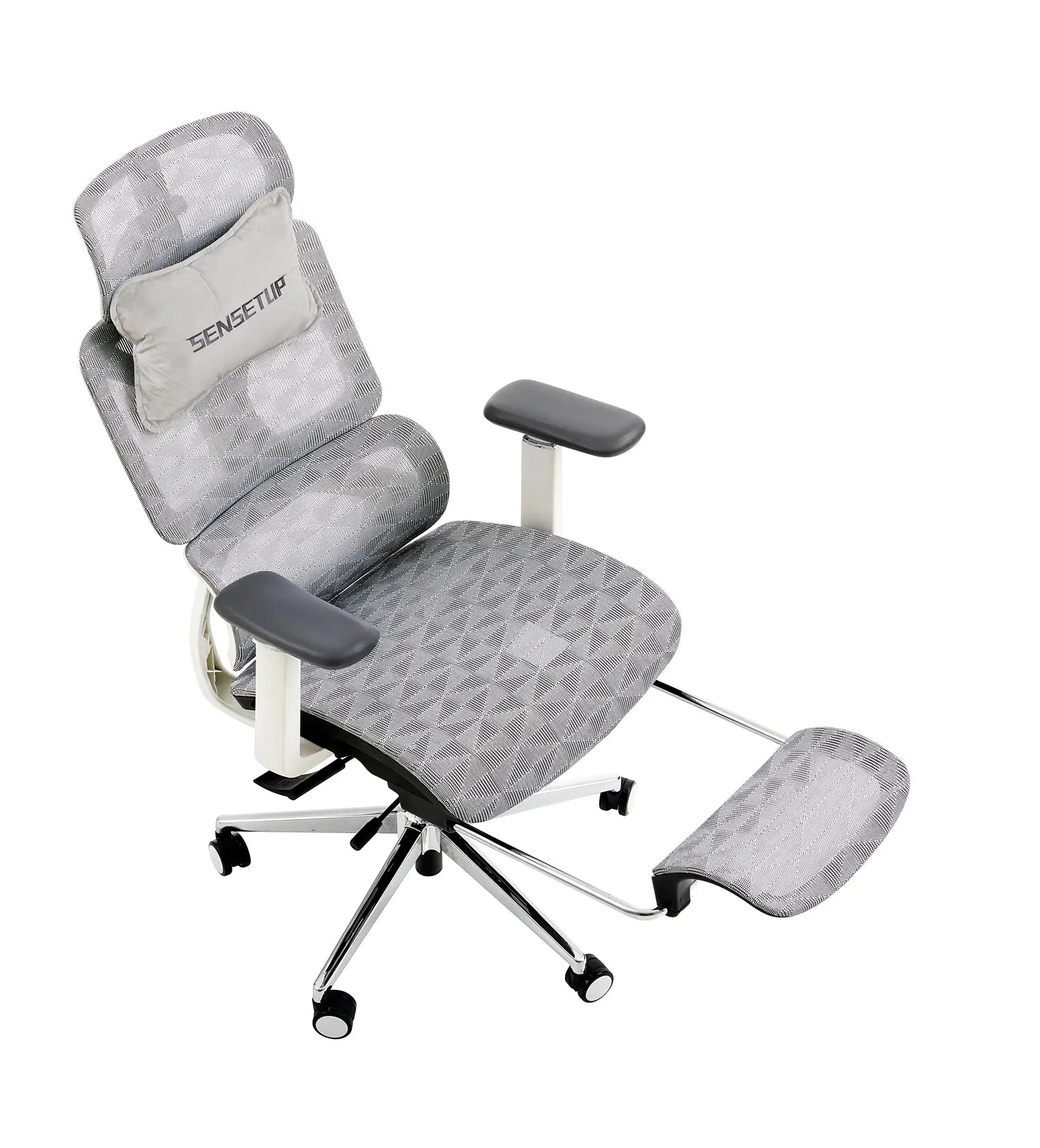 Cadeira ergonômica a161 vista de cima. O modelo está na cor branca, o apoio para os pés está esticado e possui almofada cadeira gamer para otimizar conforto.