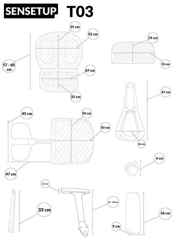 Imagem detalhando as medidas da cadeira ergonômica cosy t03.