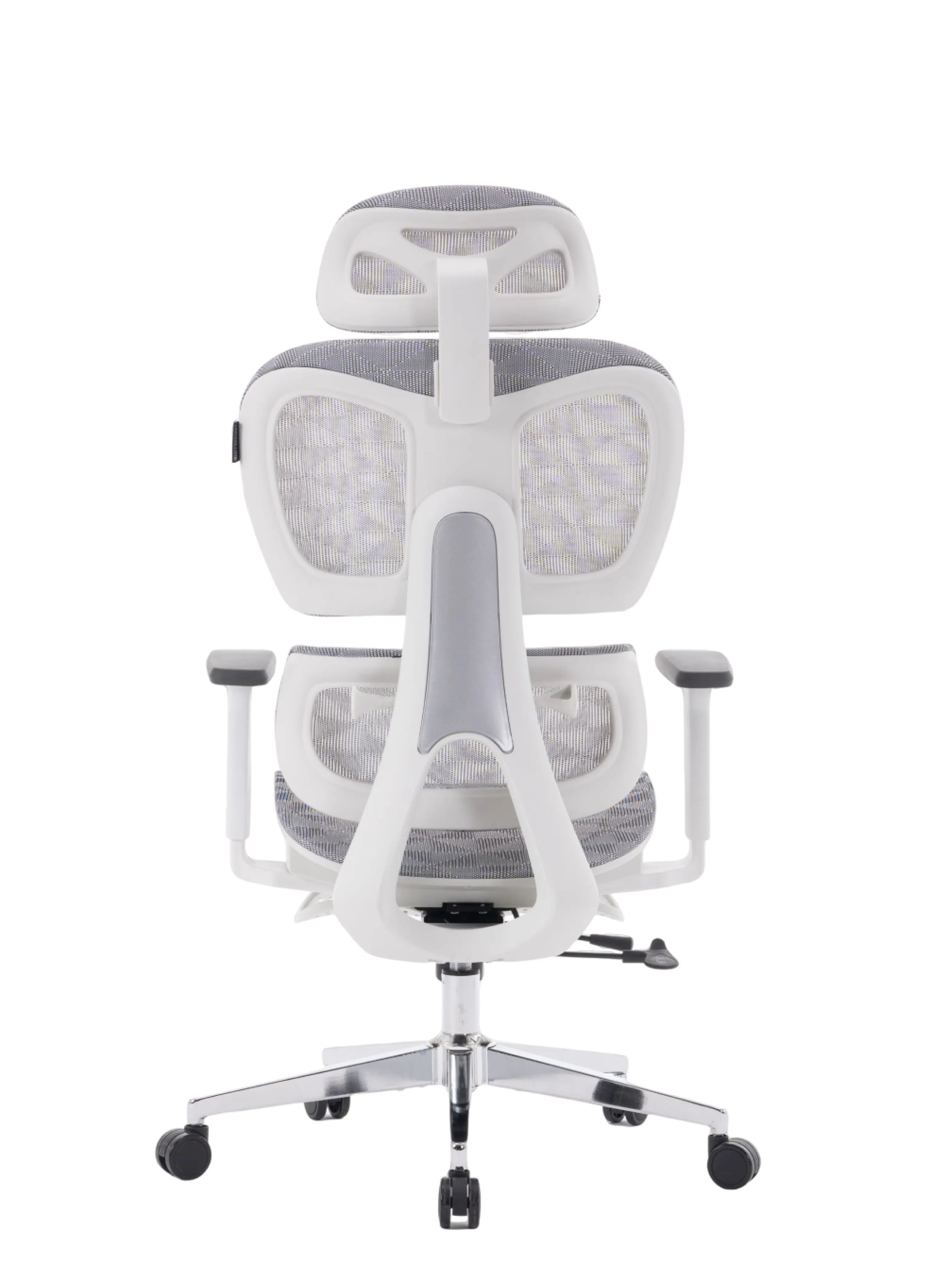 Parte de trás da cadeira ergonômica cosy t03 branca, é possível ver sua armação revestida por tela mesh.