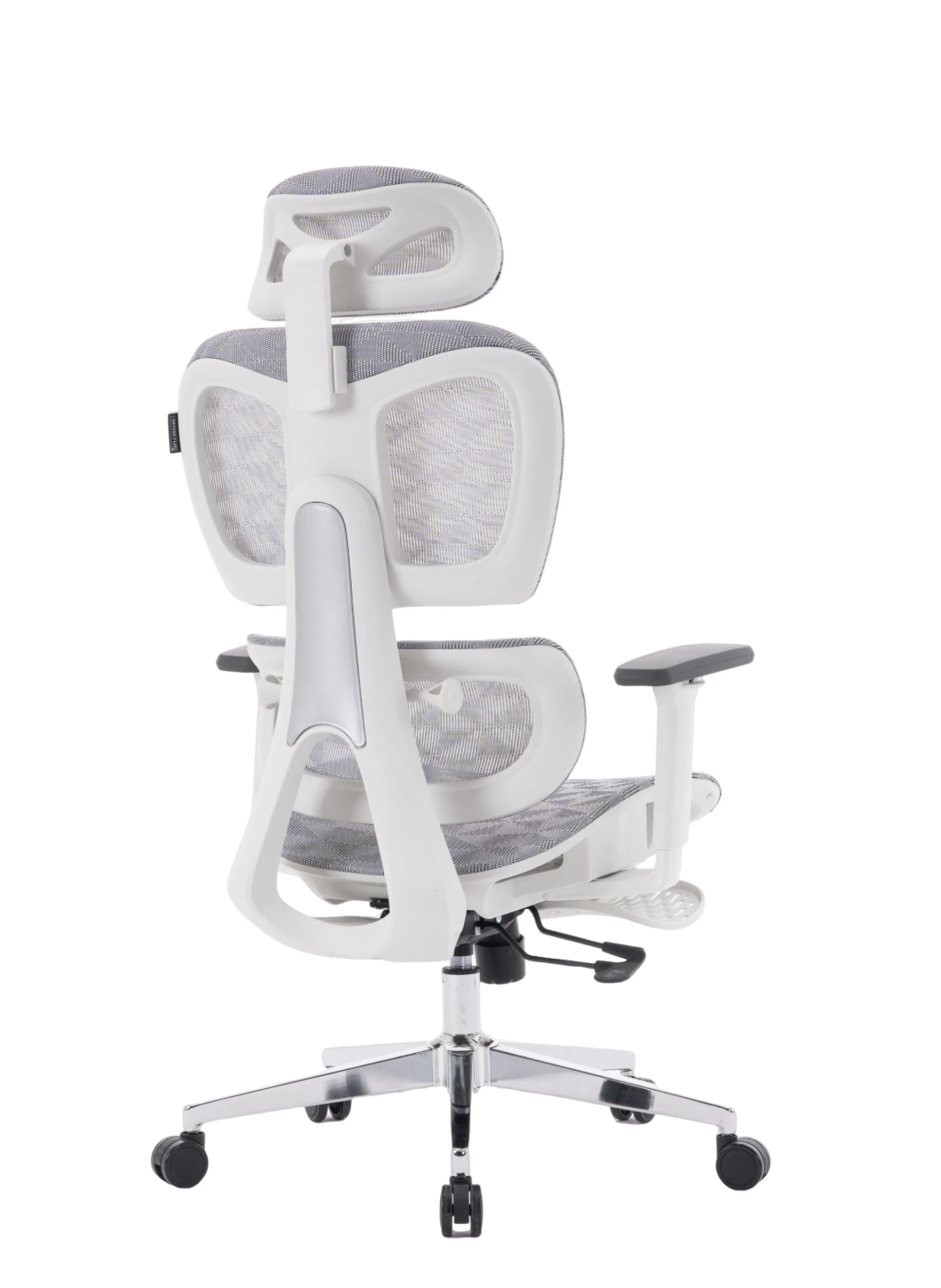 Parte de trás da cadeira ergonômica cosy t03 branca, é possível a armação reforçada. Modelo possui 5 pés e rodízios.