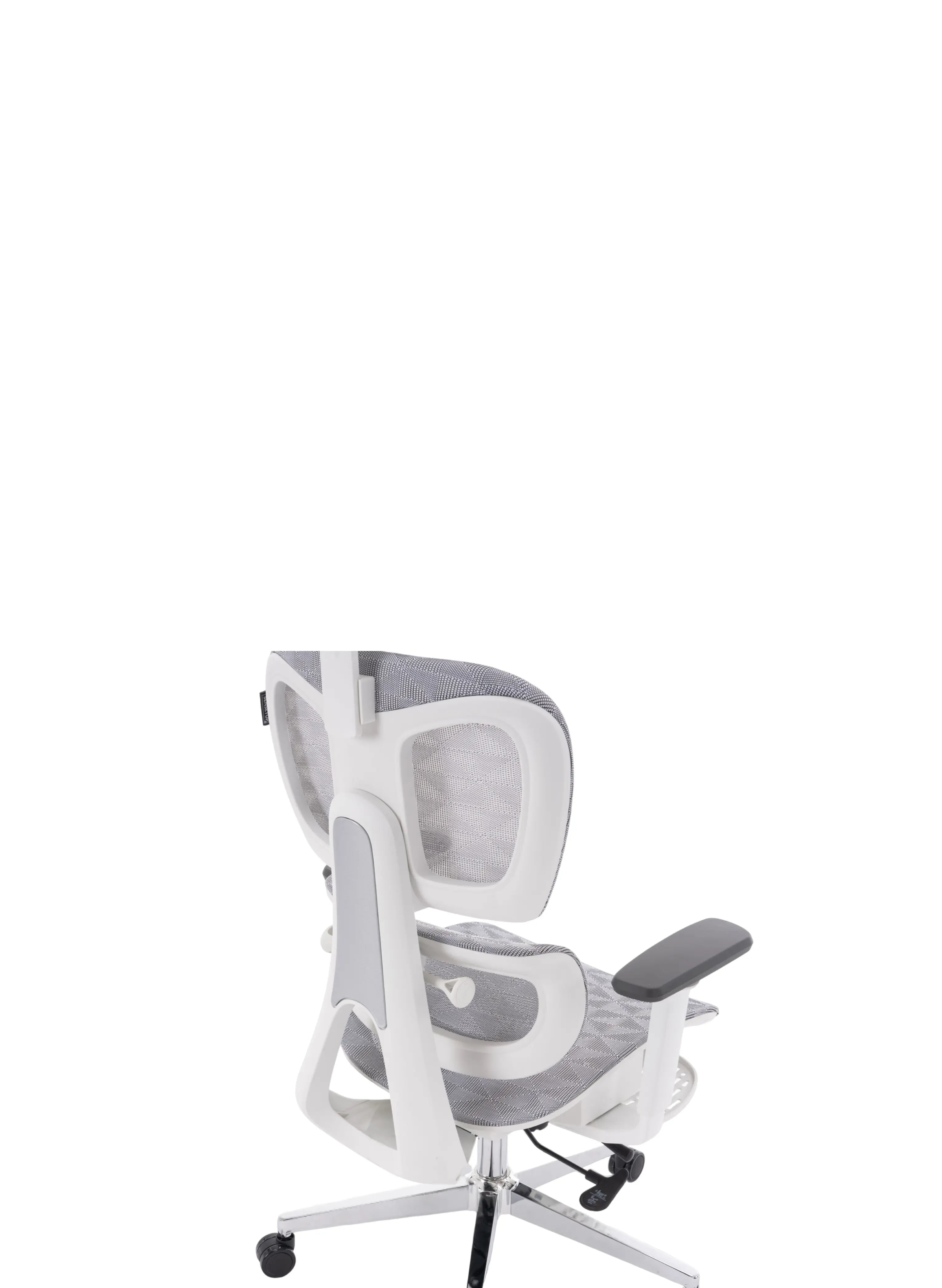 Parte traseira do encosto da cadeira ergonômica cosy t03, modelo está na cor branca e é possível ver a alavanca para ajuste do encosto.