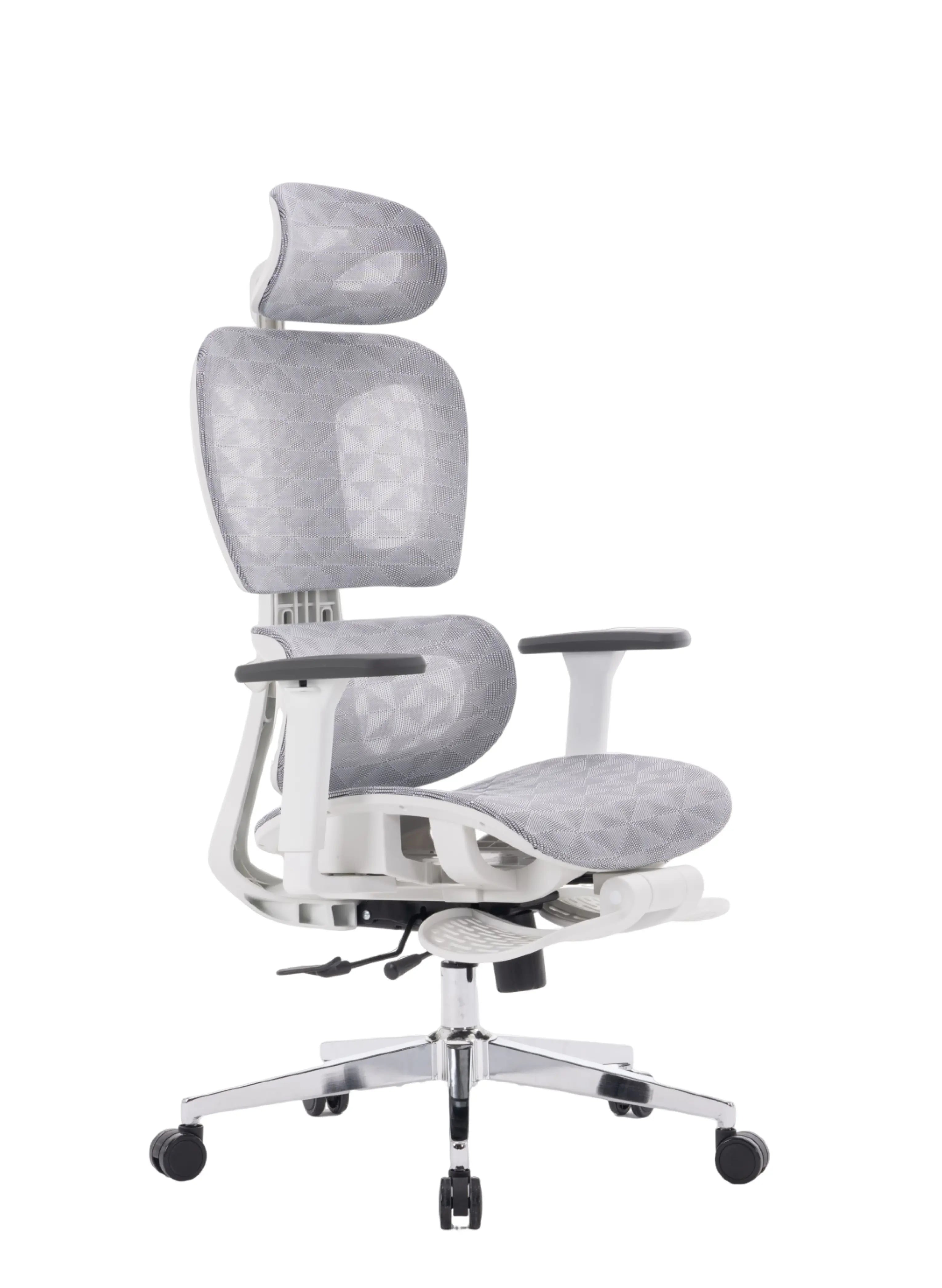 Cadeira ergonômica cosy t03 branca da Sensetup em fundo neutro. Modelo possui 5 pés e rodízios silenciosos.