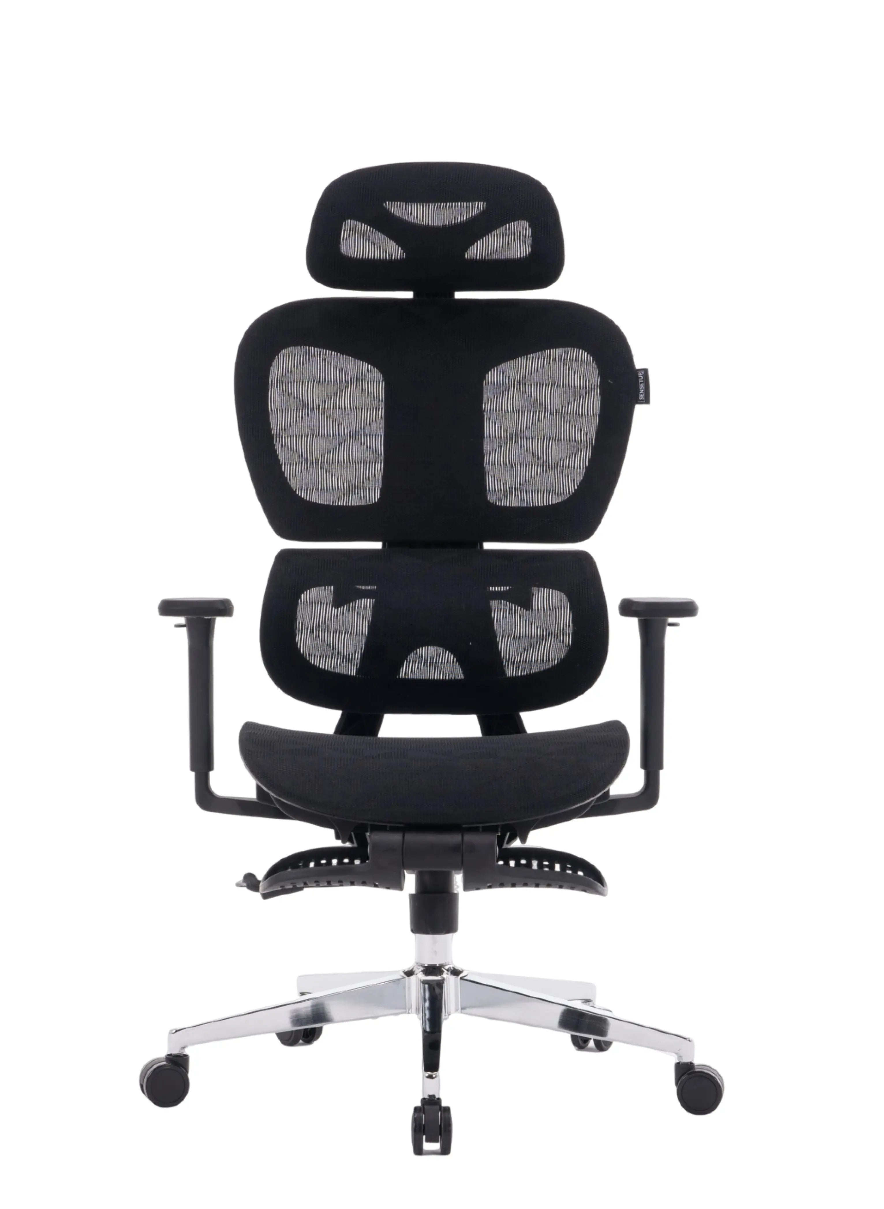 Imagem da parte da frente da cadeira ergonômica cosy t03, modelo conta com apoio e ajuste para braços, apoio para os pés, apoio para cabeça e demais ajustes.