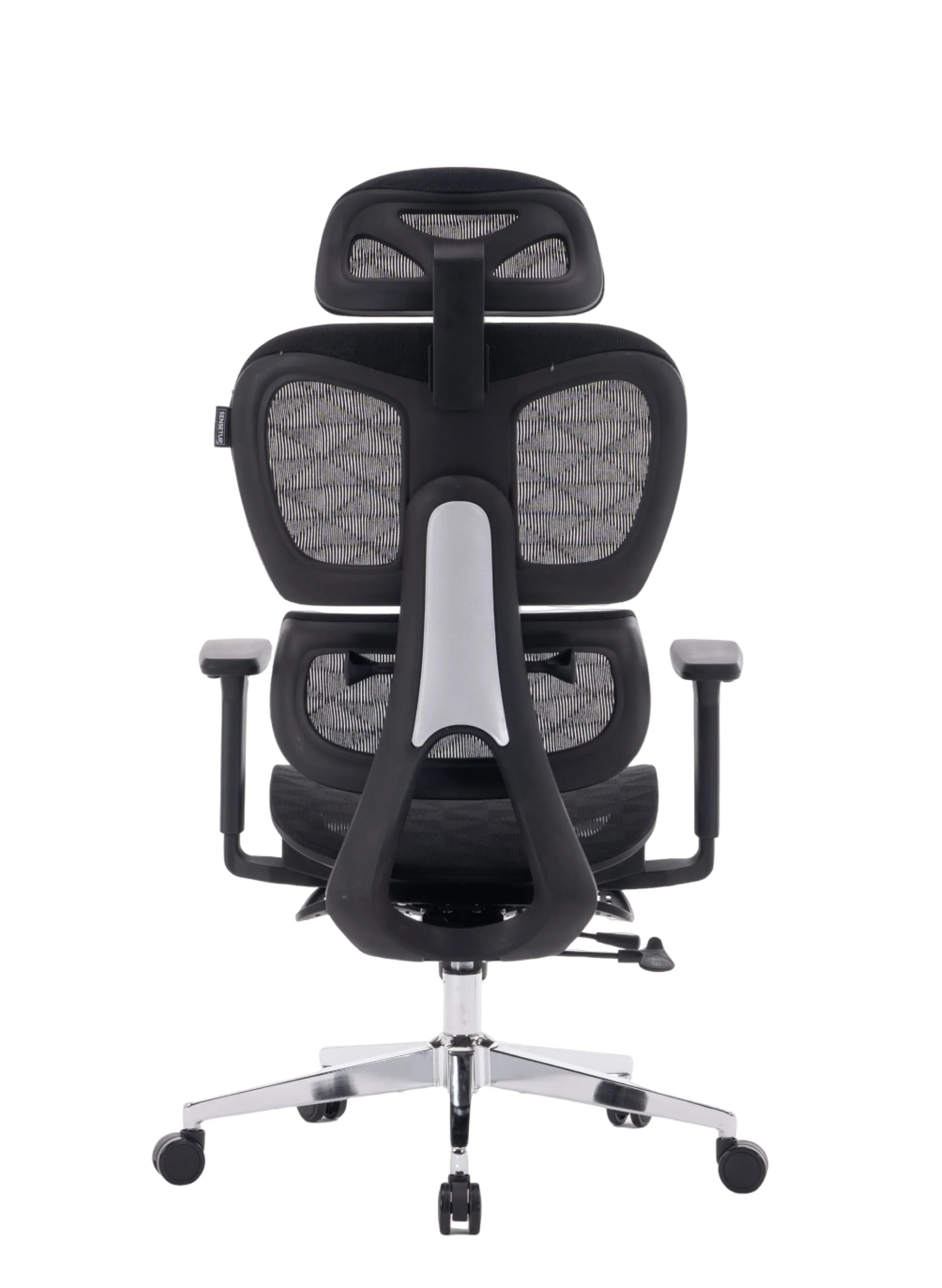 Parte de trás da cadeira ergonômica cosy t03, é possível ver sua armação revestida por tela mesh.