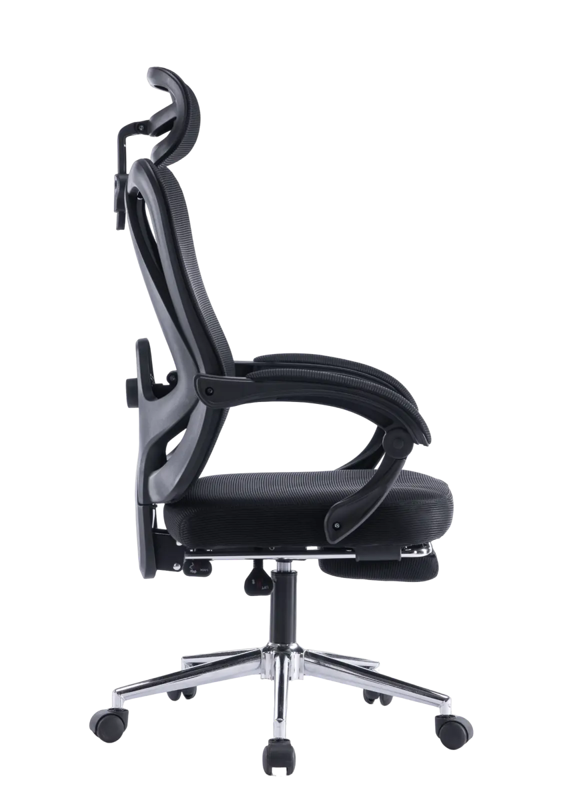 Lateral da cadeira de escritório ergonômica executiva, produto possui ajustes nos braços, altura e encosto, além de apoio para cabeça e pés.