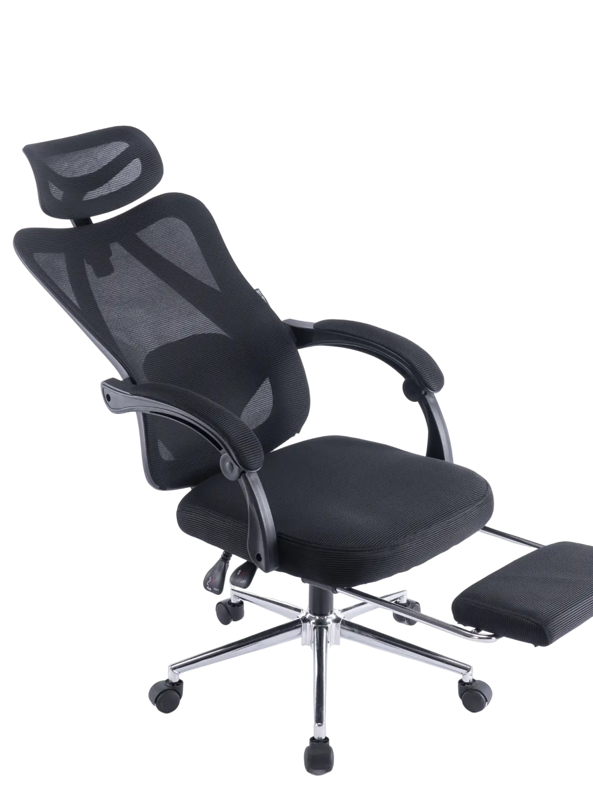 Imagem da cadeira de escritório ergonômica executiva reclinada com o apoio para os pés esticado.