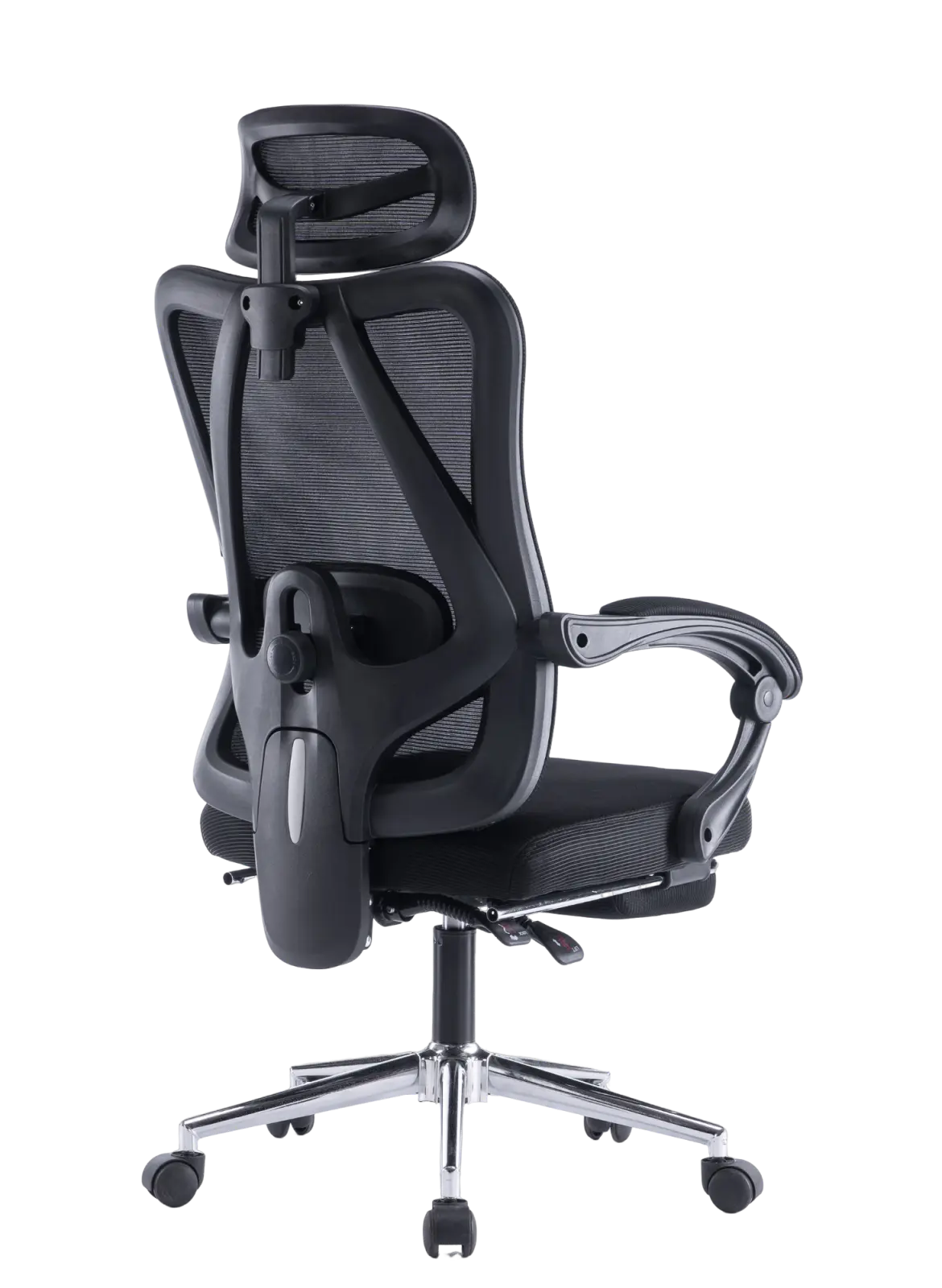 Parte de trás da cadeira de escritório ergonômica executiva, é possível observar o ajuste do encosto e da cabeça.
