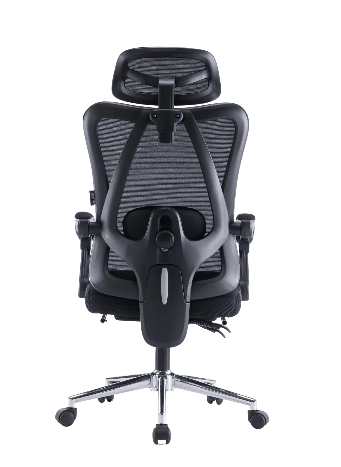 Cadeira de escritório ergonômica executiva vista por trás, modelo possui 5 pés com rodízios.