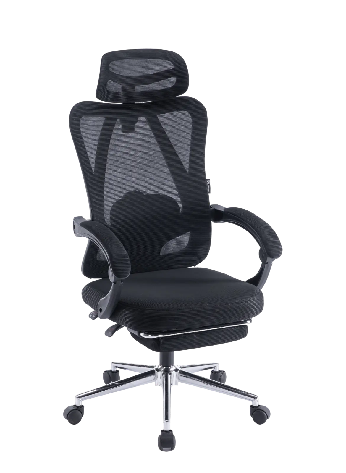 Imagem da cadeira de escritório ergonômica executiva, o modelo possui 5 pés com rodízios.
