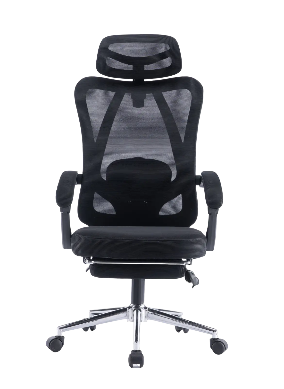 Imagem da parte de frente da cadeira escritório ergonômica executiva, o modelo está na cor preta e possui ajustes nos braços, cabeça, braço e apoio para os pés.