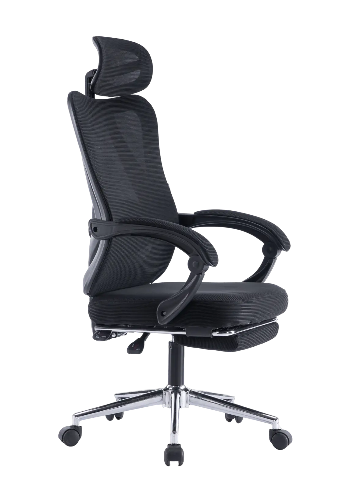 Imagem lateral da cadeira escritório ergonômica executiva. Modelo possui ajustes e apoios.