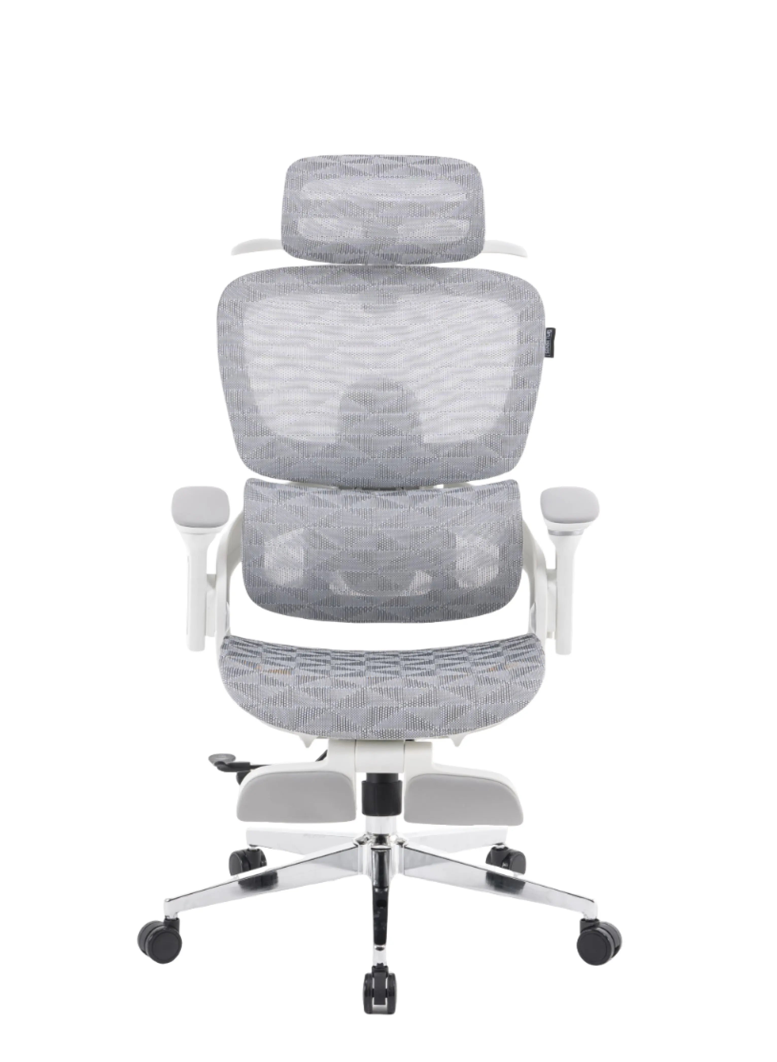 Cadeira presidente ergonômica perfs e5 branca vista de frente. Modelo é revestido por tela mesh e possui ajustes nos braços, altura do assento, encosto, lombar, cabeça e inclinação, além de apoio para os pés.