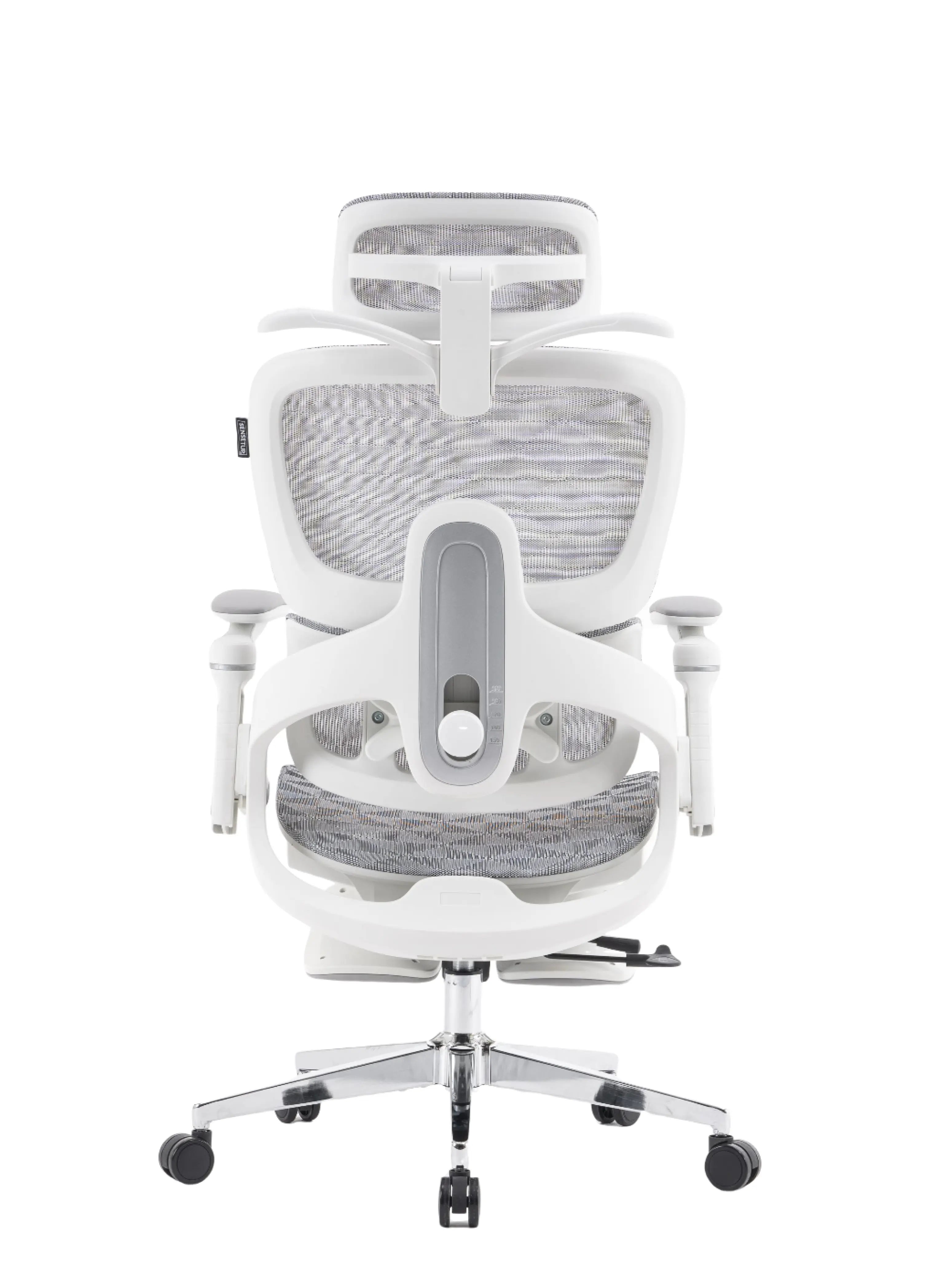 Parte de trás da cadeira presidente ergonômica perfs e5 branca. O modelo possui armação da mesma cor e ajuste de altura e inclinação.