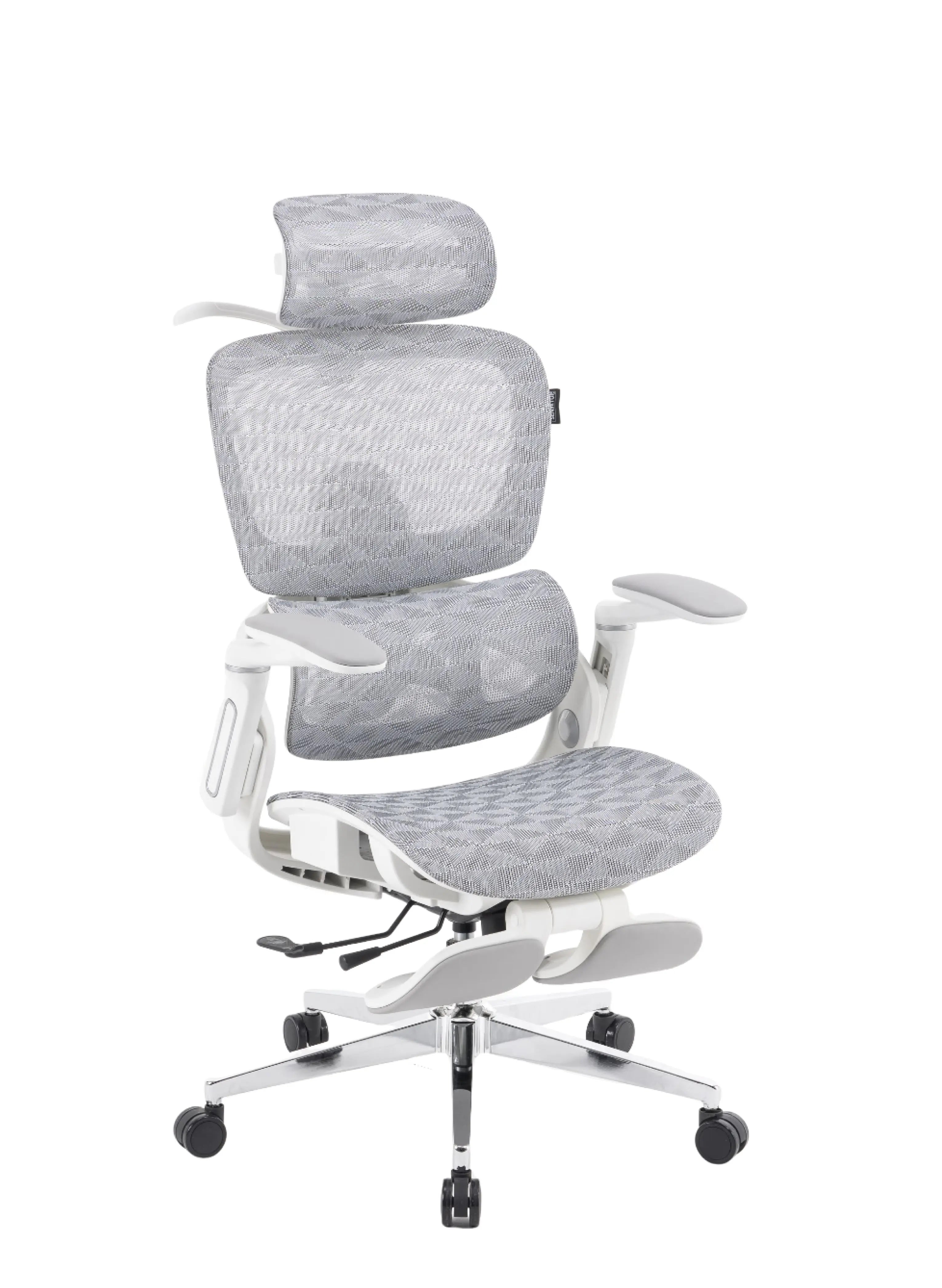 Cadeira presidente ergonômica perfs e5 em fundo neutro, modelo está na cor branca e possui variedade de ajustes.