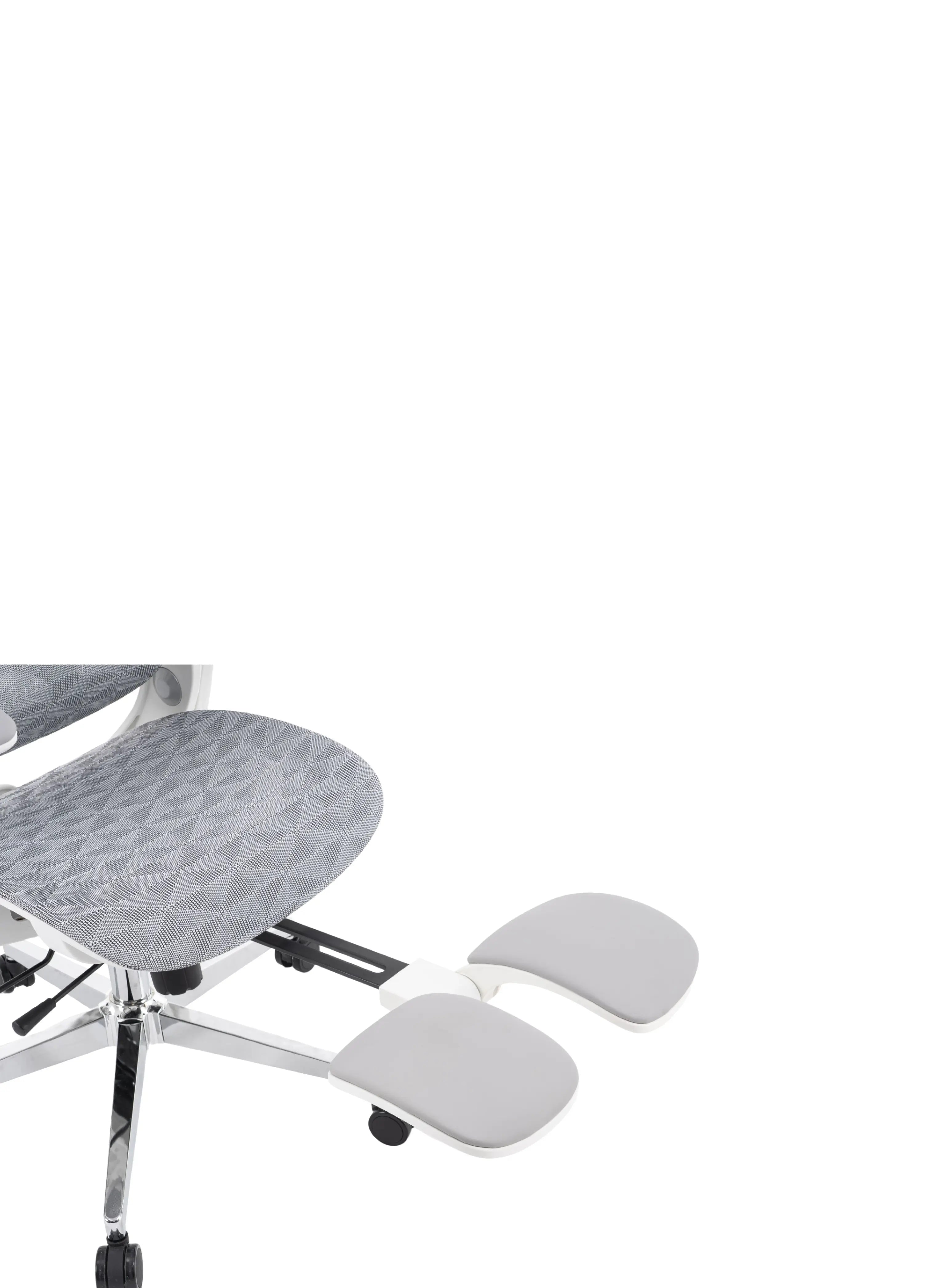 Imagem detalhada do apoio para os pés da cadeira presidente ergonômica perfs e5 branca.