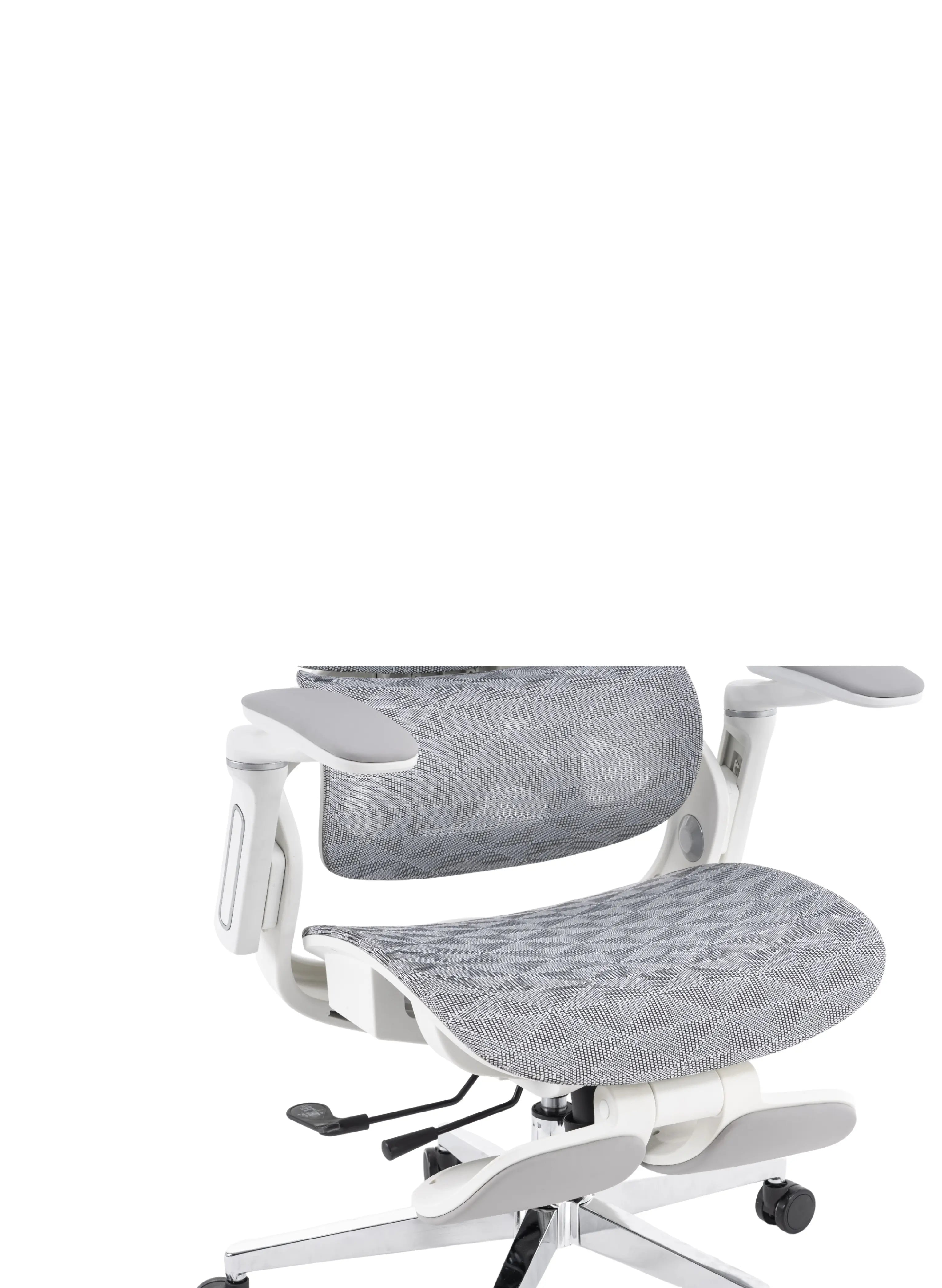 Imagem detalhada do assento da cadeira presidente ergonômica perfs e5 branca, o modelo é revestido por tela mesh.